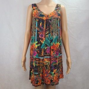 New Umgee Womens (S) Orange, Aqua, Green Vibrant Tropical Print Tunic Tank Dress